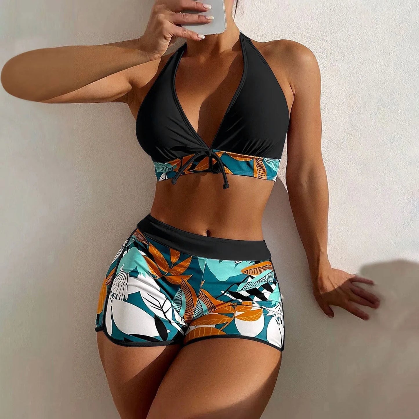 Traje de baño estampado con paneles para mujer Sexy Split Boxer