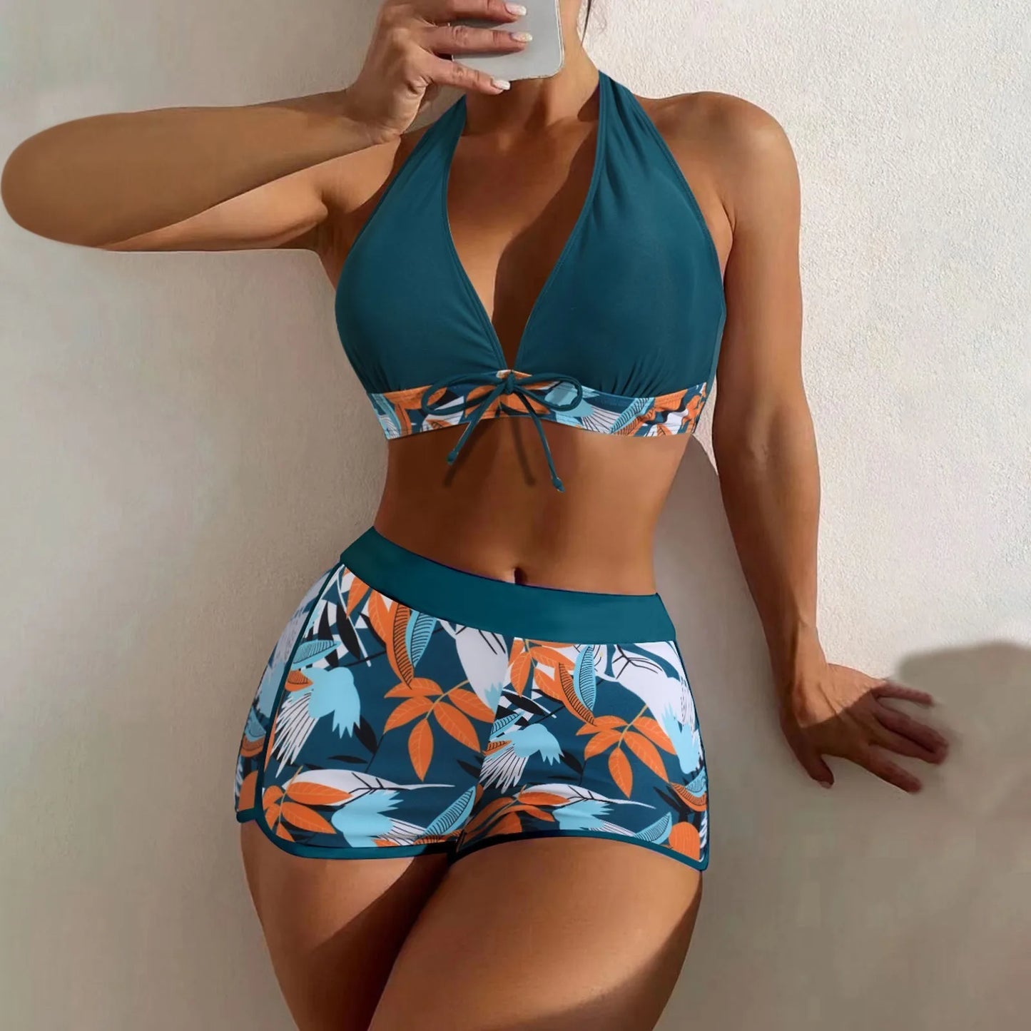 Traje de baño estampado con paneles para mujer Sexy Split Boxer