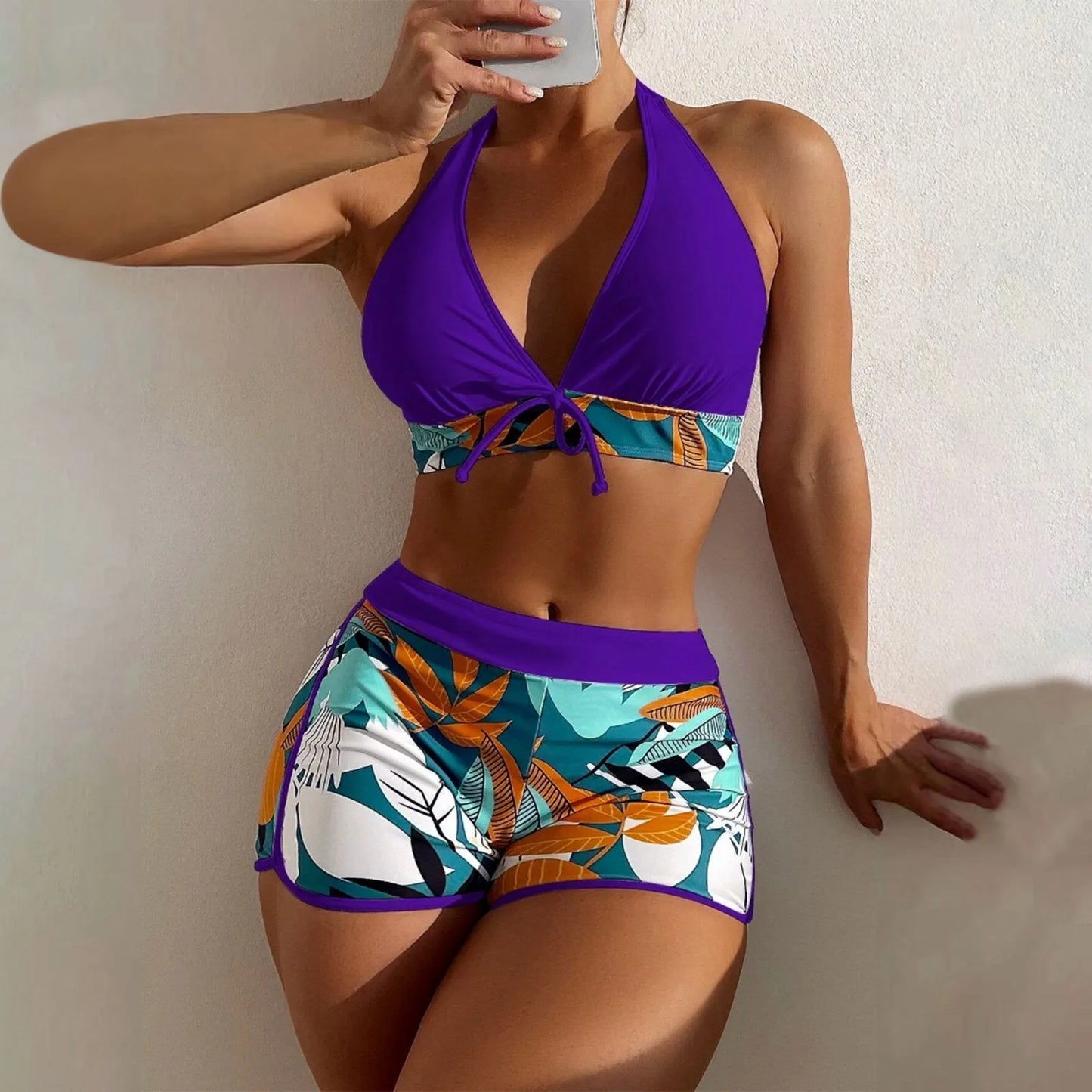 Traje de baño estampado con paneles para mujer Sexy Split Boxer