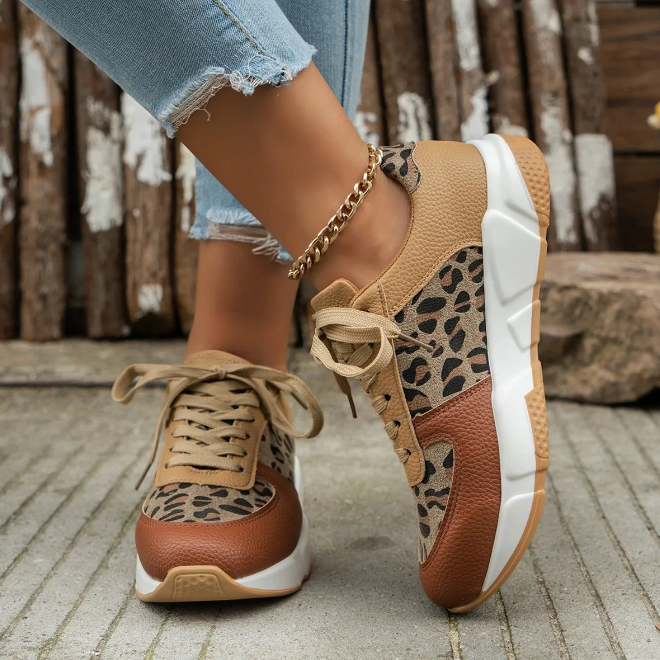 Zapatillas de plataforma para mujer Punta redonda Caña baja de leopardo