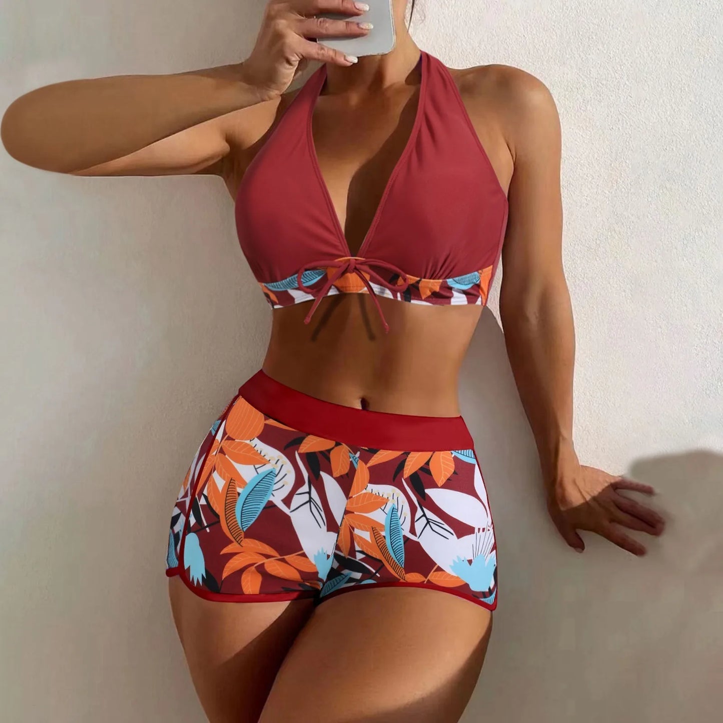 Traje de baño estampado con paneles para mujer Sexy Split Boxer