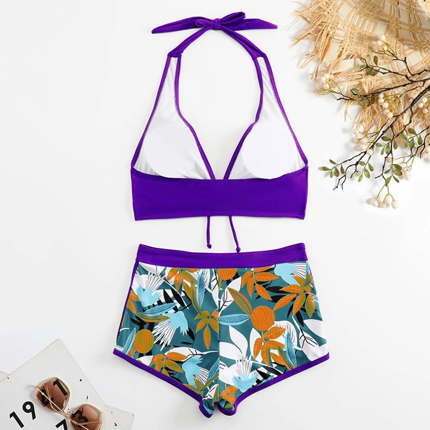 Traje de baño estampado con paneles para mujer Sexy Split Boxer