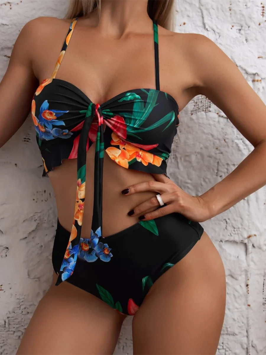 Bikinis delanteros con nudo con estampado floral de 3 piezas