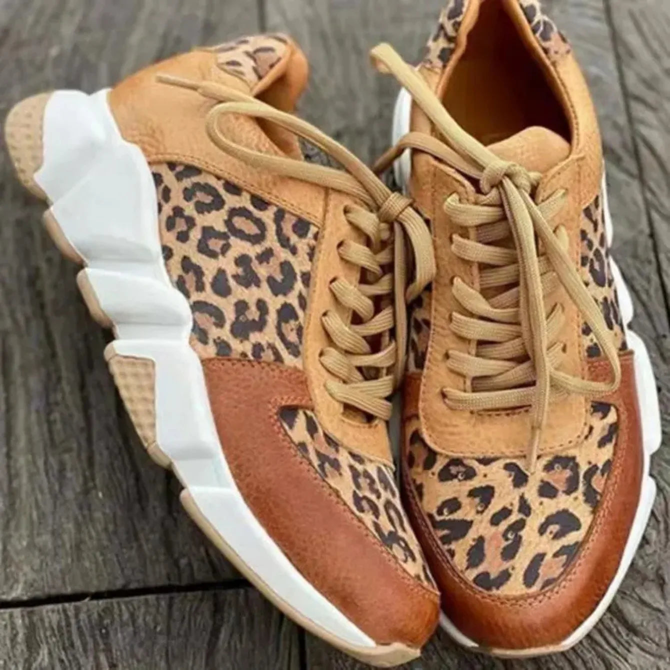 Zapatillas de plataforma para mujer Punta redonda Caña baja de leopardo