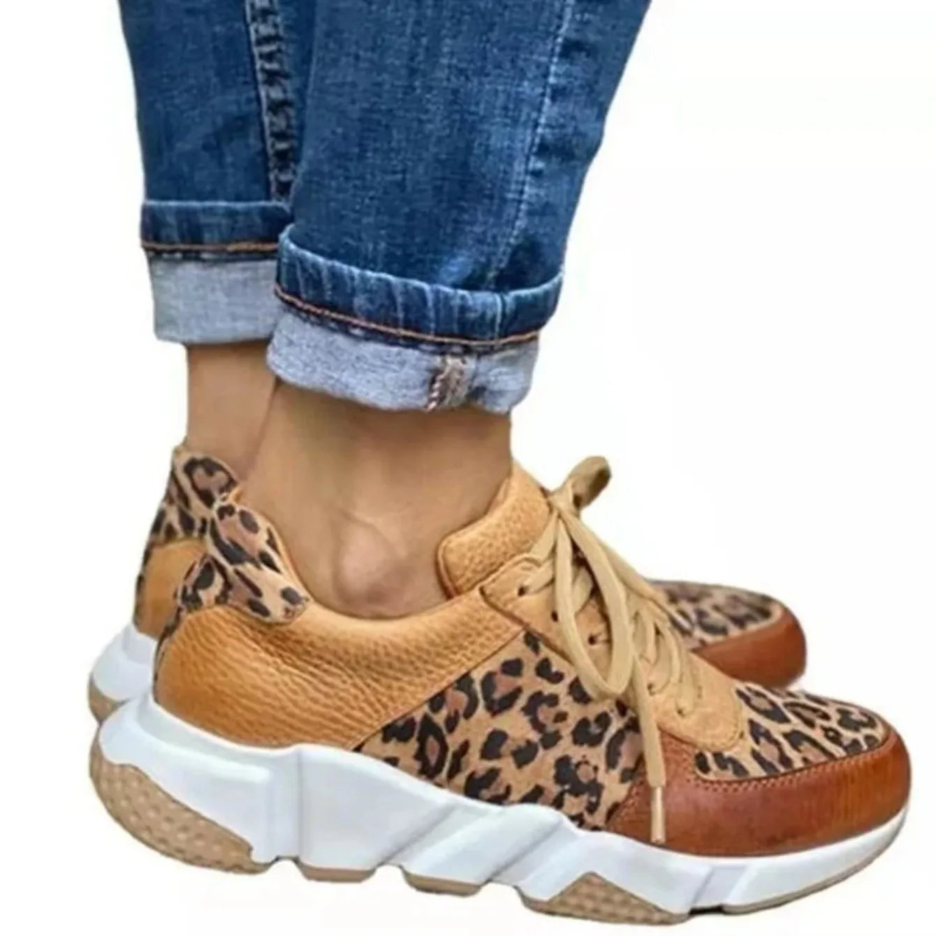 Zapatillas de plataforma para mujer Punta redonda Caña baja de leopardo